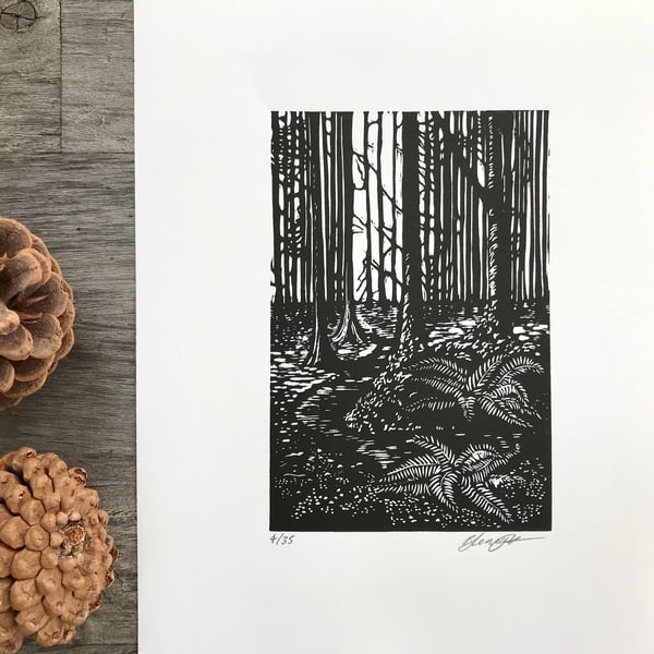 Pine Forest: by Suffolk printmaker Beth Knight. Original, hand pressed lino cut 