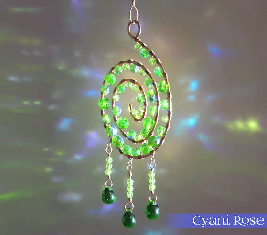 Beautiful copper and green suncatcher wire wrapped spiral handmade unique 