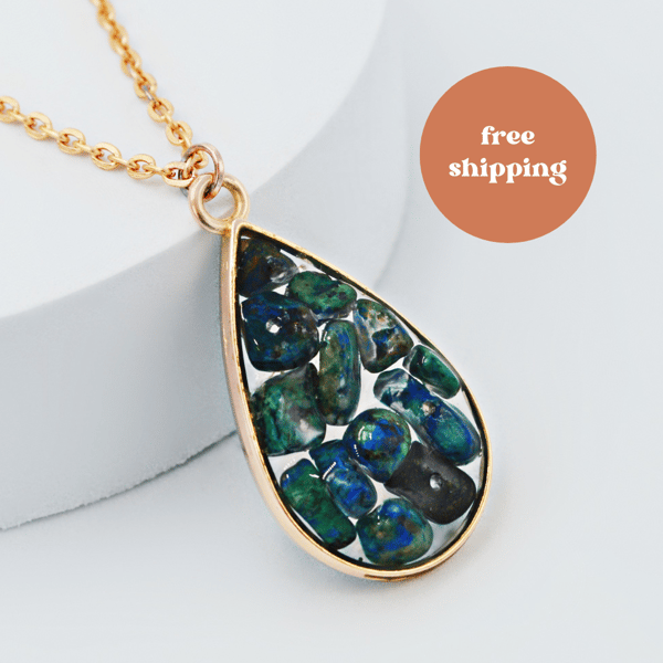 Chrysocolla Rose Gold plated Teardrop Worry Stone Necklace - Free Postage
