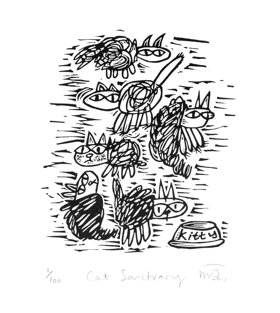 Cat Sanctuary - lino print of cats and kittens
