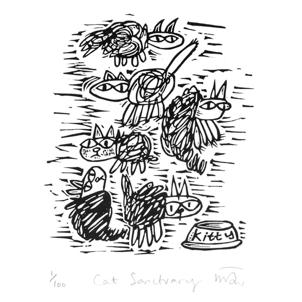 Cat Sanctuary - lino print of cats and kittens - Super SEconds
