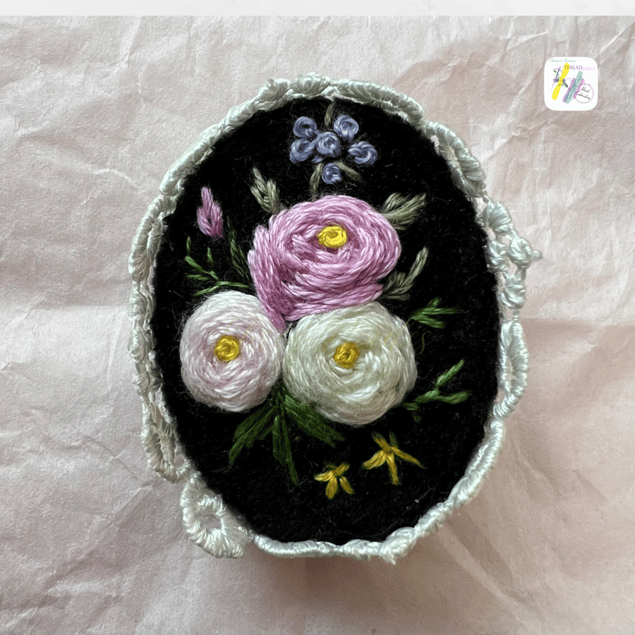 Handmade brooch, black velvet pin brooch, hand embroidered rose brooch 