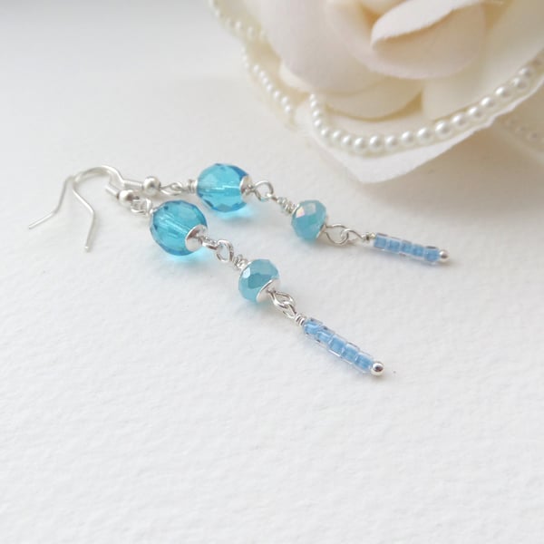 Turquoise Silver Earrings, Medium Length Crystal Dangle Earrings