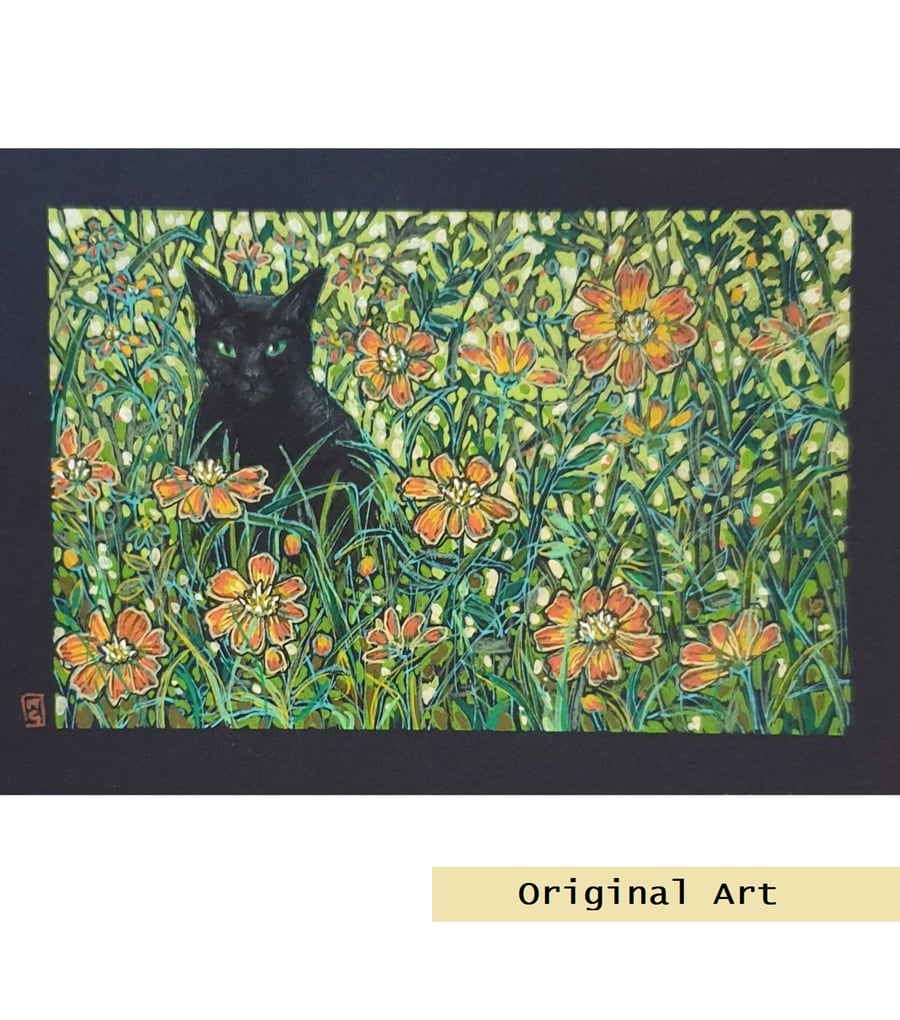 Black Cat Among the Cosmos, original cat art, animal wall art, drawing