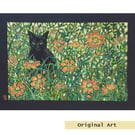 Black Cat Among the Cosmos, original cat art, animal wall art, drawing