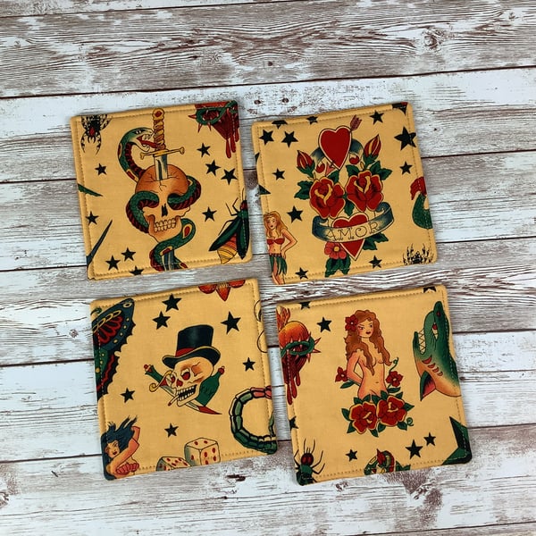 Tattoos coaster set, Gothic fabric coaster set of 4, Handmade