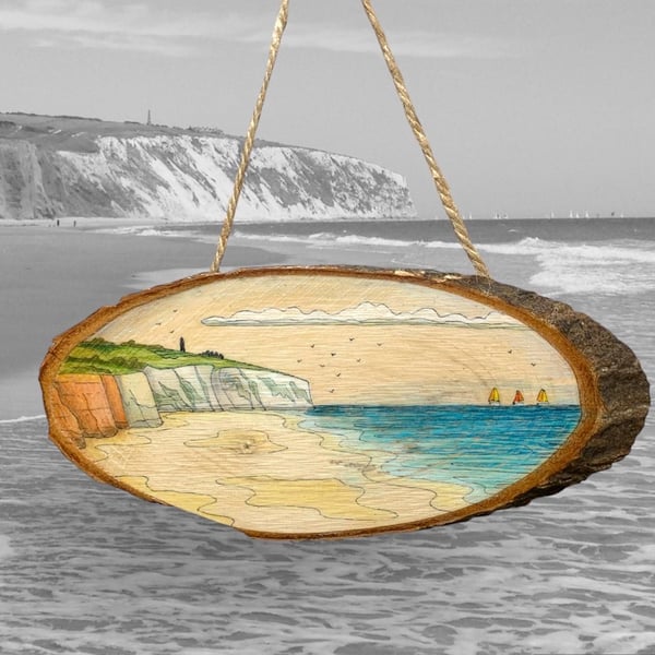 Isle of Wight Wood Slice Art, original drawing of Yaverland Beach