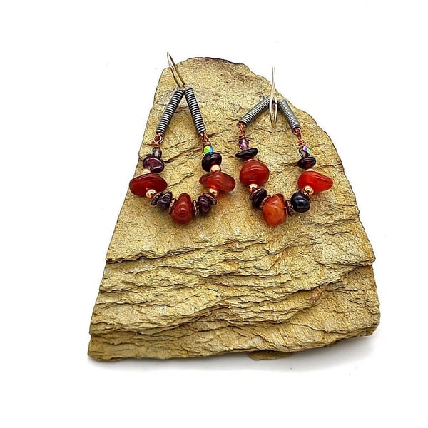 Handmade Sterling Silver Chandelier Earrings Garnet, Carnelian, Crystal