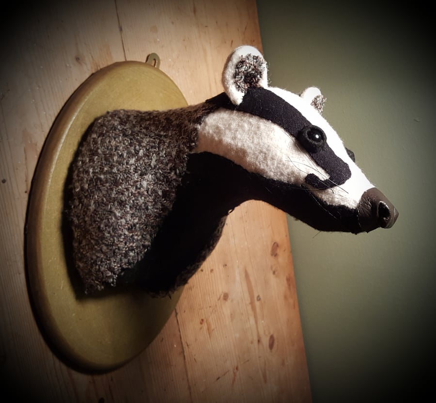 Badger head made from wool  tweed 