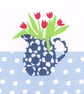 Jug of red tulips in a blue and white patterned jug on spotty tablecloth card - Image 2