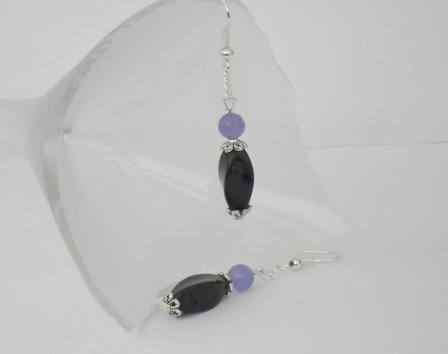 Black onyx and purple alexandrite semi-precious gemstone earrings