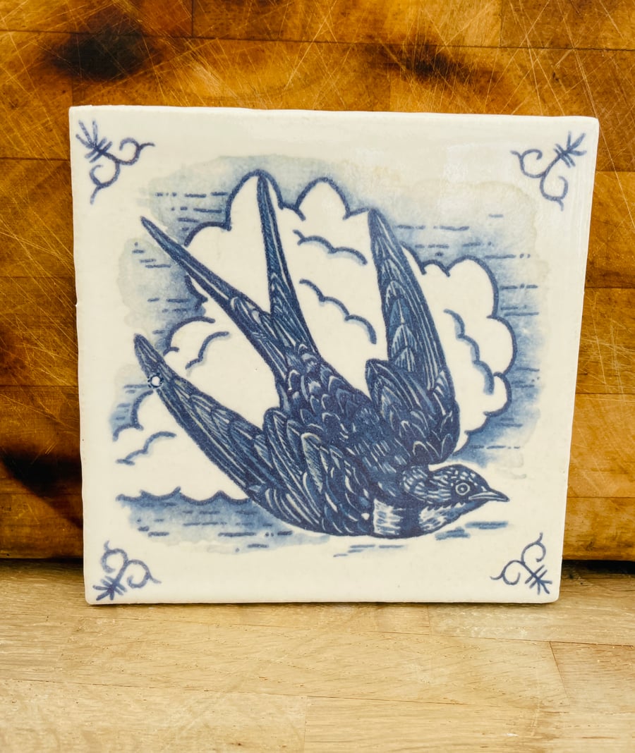 Handmade stoneware tile with Swallow image