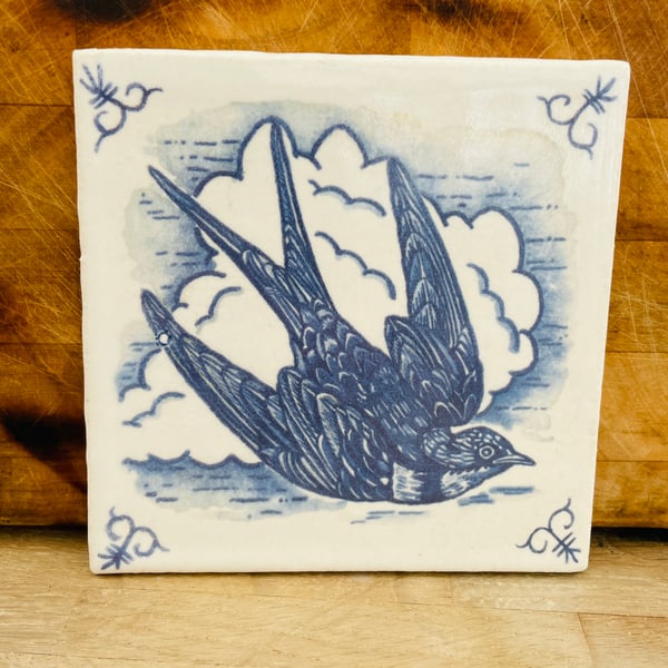 Handmade stoneware tile with Swallow image