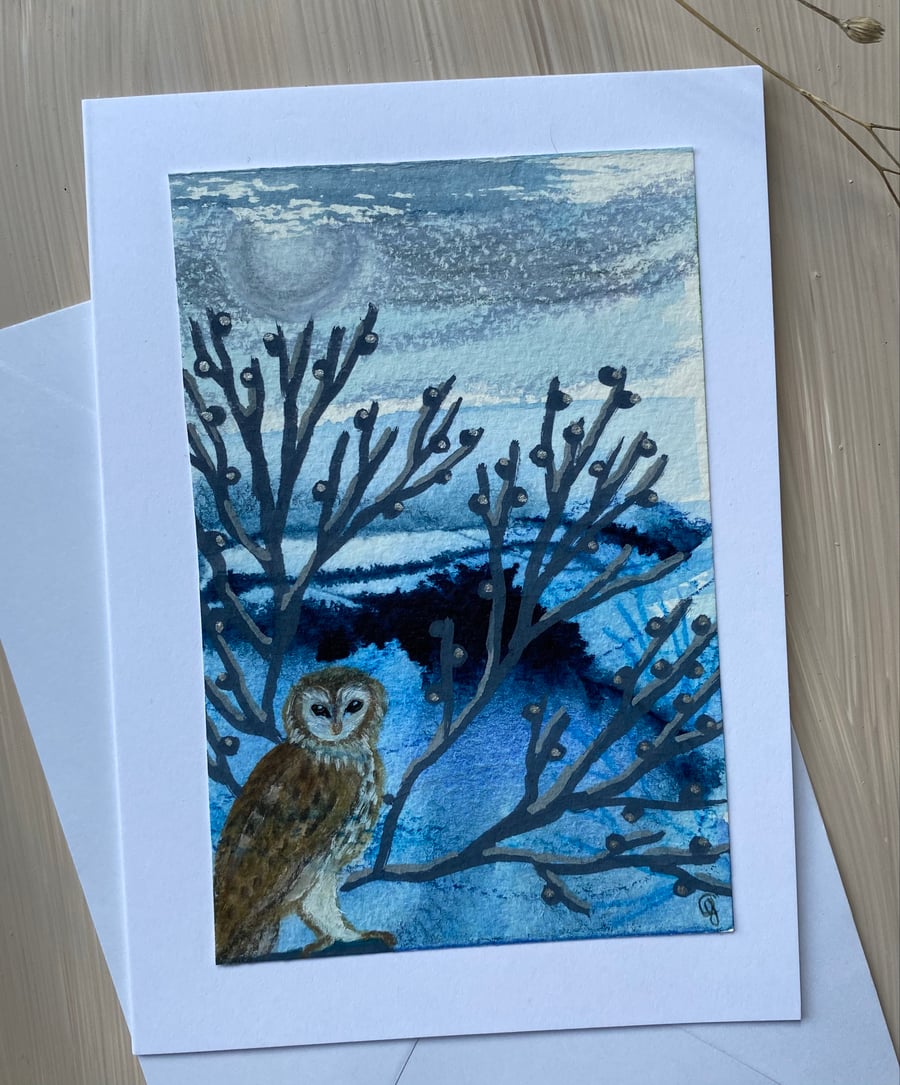 Greetings card hand painted owl art