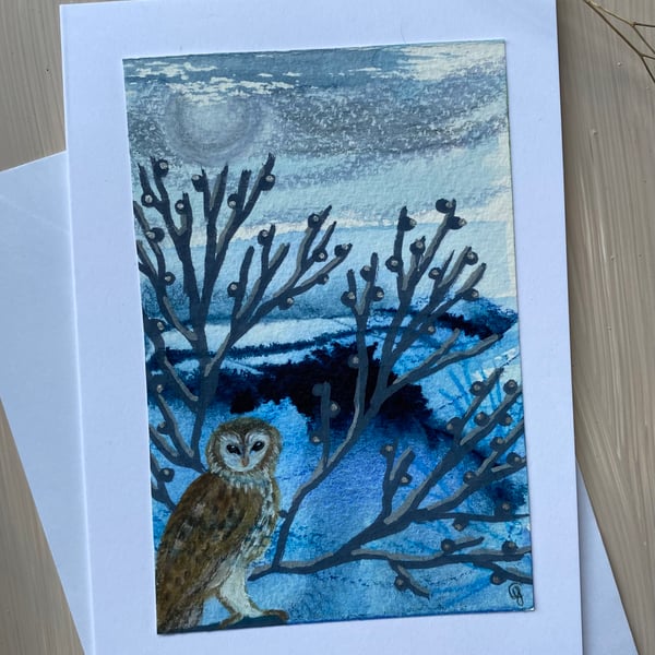 Greetings card hand painted owl art