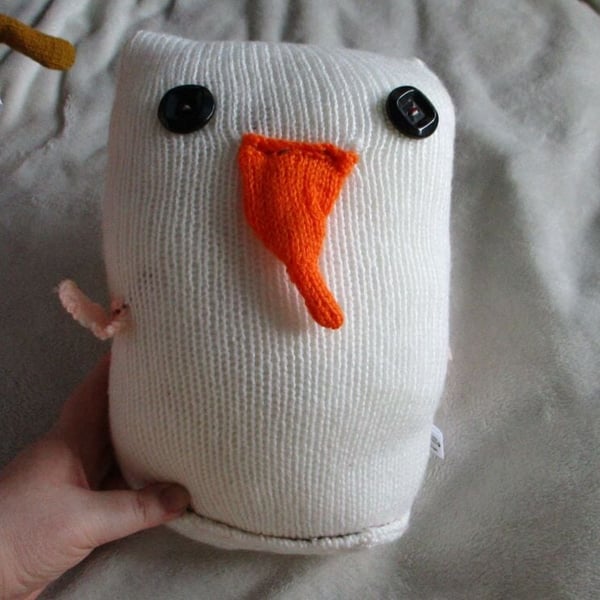 Plain White Snowbird with Black Square Inner Eyes Giant Owl Knitted By KM