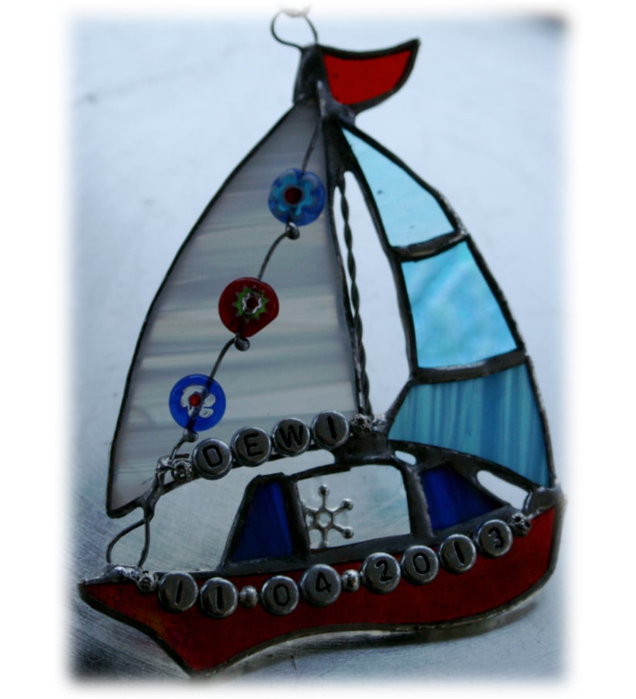 RESERVED for Julie - Boat Suncatcher Stained Glass Sailboat Yacht Red 043