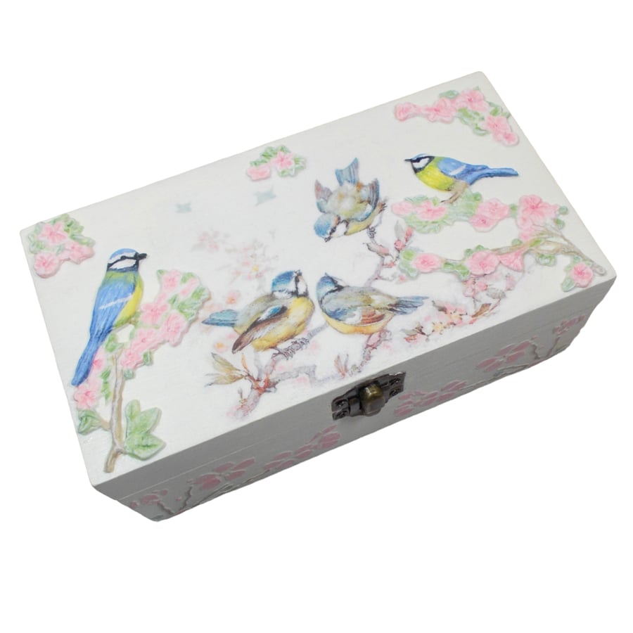 Blue tits 3D mixed media trinket box . Jewellery box. Memory box.