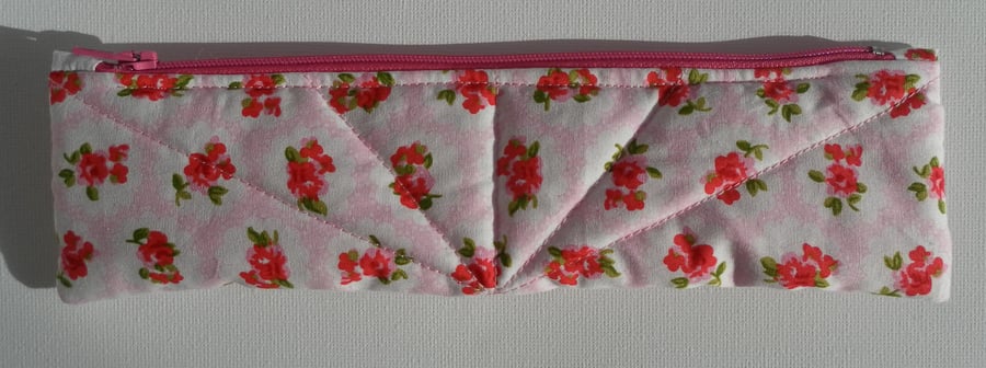 Pencil Case, Make Up Bag, pretty floral cotton fabric with red roses 