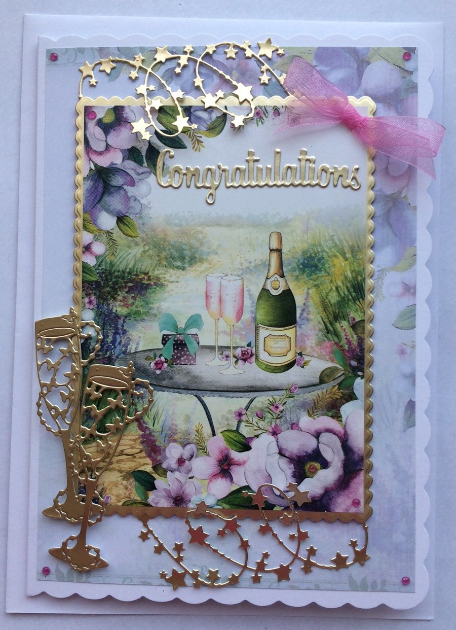 Congratulations Engagement Wedding Anniversary Card Champagne 3D Luxury Handmade