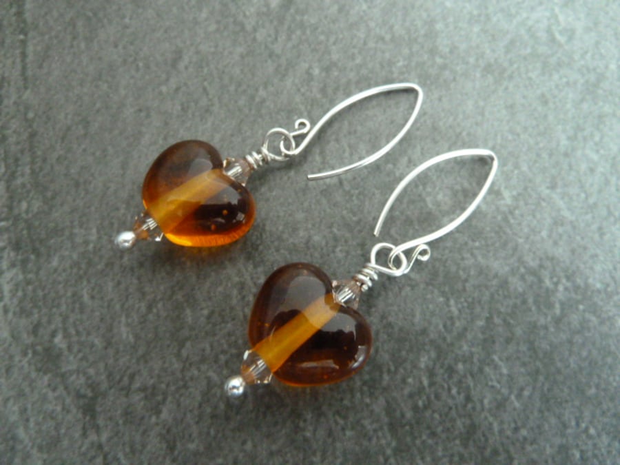 sterling silver, amber glass heart earrings