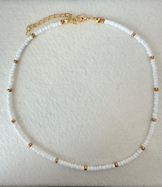 White Gold Seed Bead Choker Necklace, Y2K Beaded Jewelry, Minimalist Style