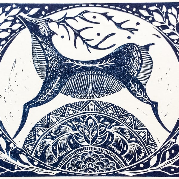 Winter Deer original Lino print 