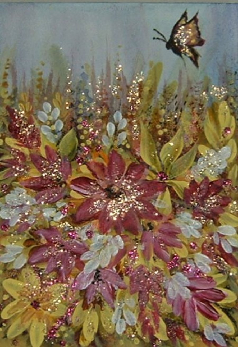 original art floral glitter painting  (ref F144)