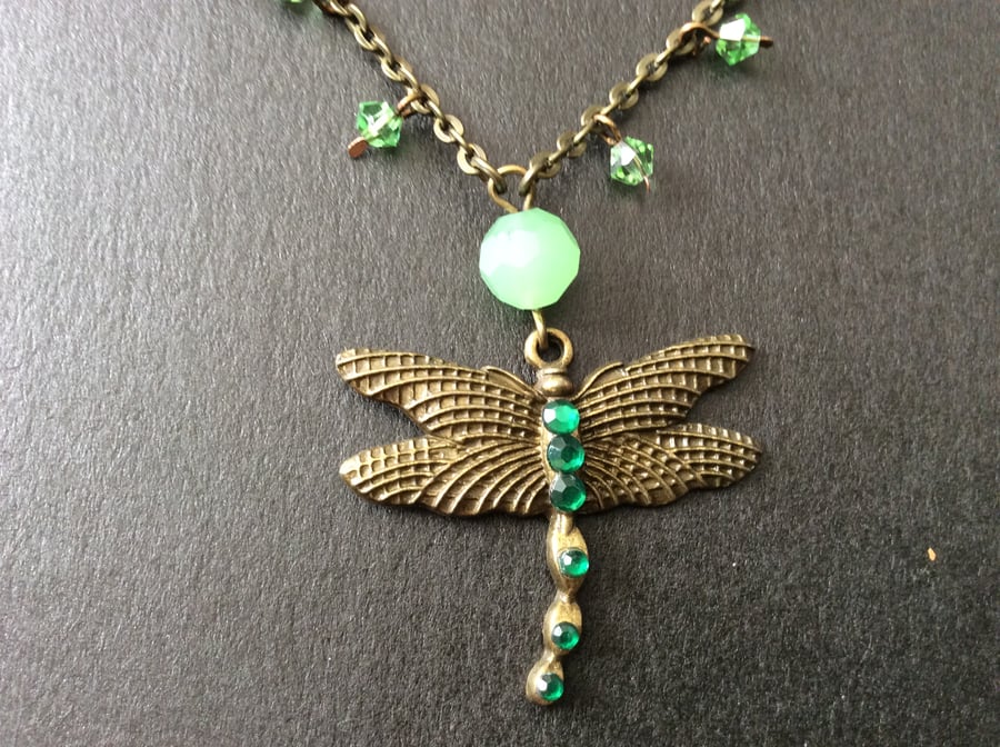 Green Crystal Dragonfly Pendant Necklace 