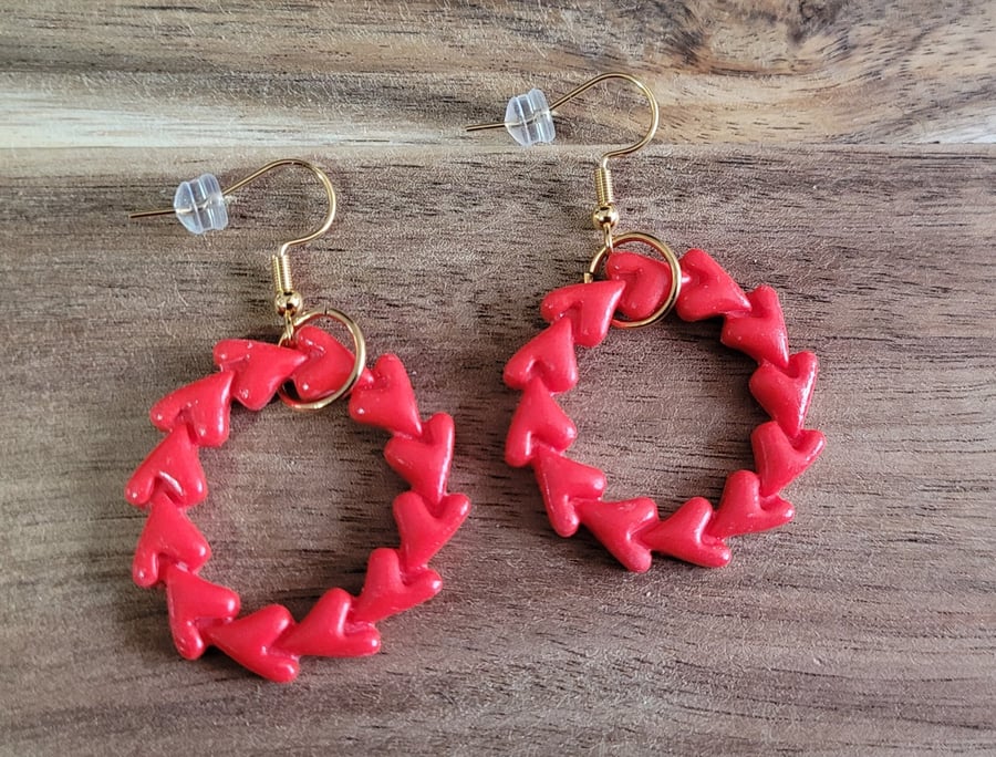 Red Heart Wreath Polymer Clay Earrings, 316 Surgical Stainless Steel