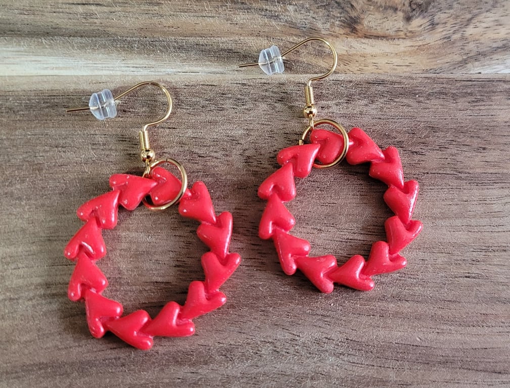 Red Heart Wreath Polymer Clay Earrings, 316 Surgical Stainless Steel
