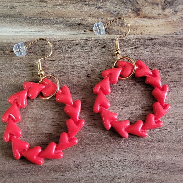 Red Heart Wreath Polymer Clay Earrings, 316 Surgical Stainless Steel