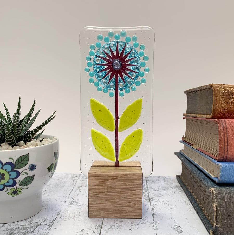 Fused Glass Allium on Oak 1 - Fused Glass Artwork