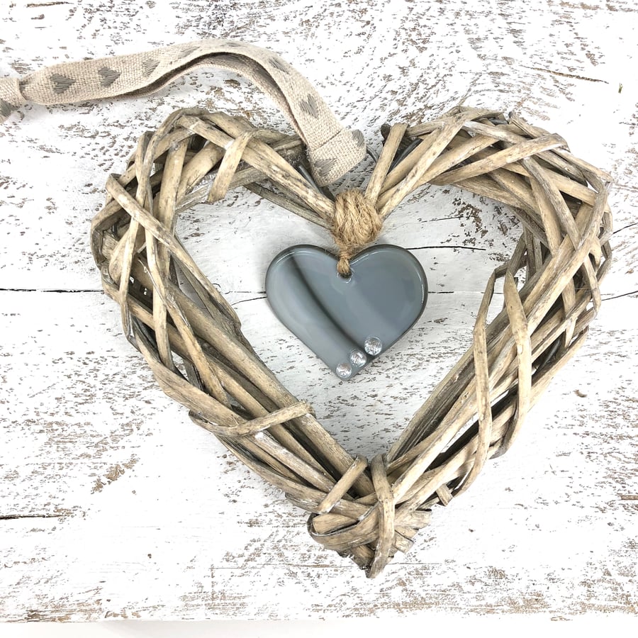 Grey Glass & Wicker Heart with co-ordinating Ribbon