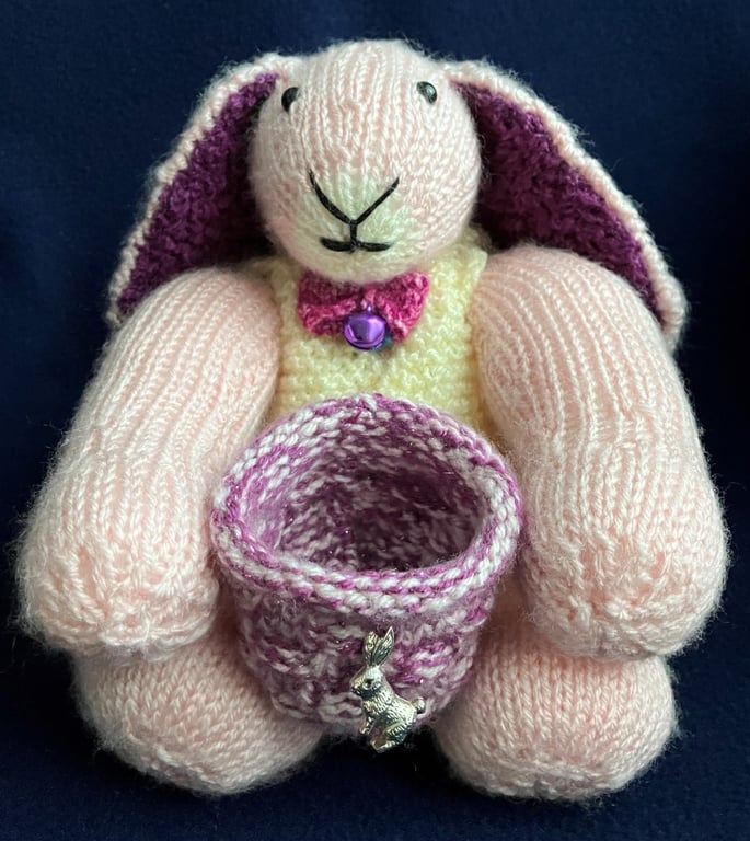 Rabbit with knitted basket keepsake holder – Pink - Special Gift