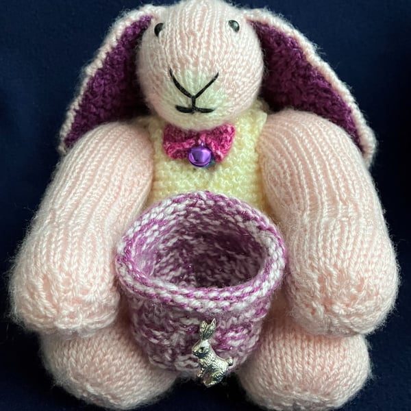 Rabbit with knitted basket keepsake holder – Pink - Special Gift