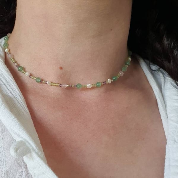 Gemstone and pearl beaded choker necklace with sterling silver