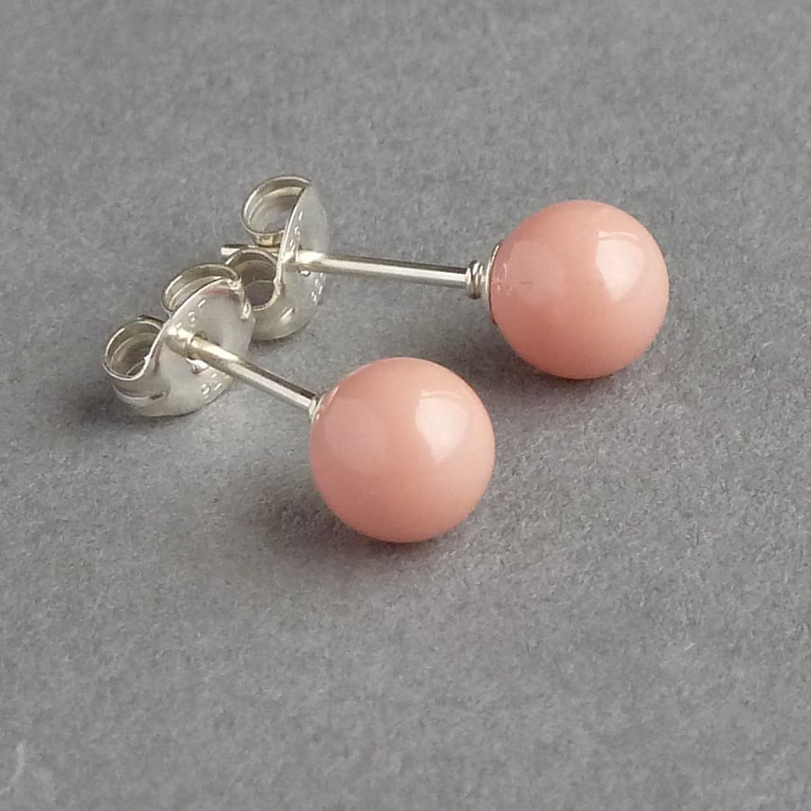 Coral Pink Studs - Salmon Peach Pearl Post Earrings - Nude Stud Earrings