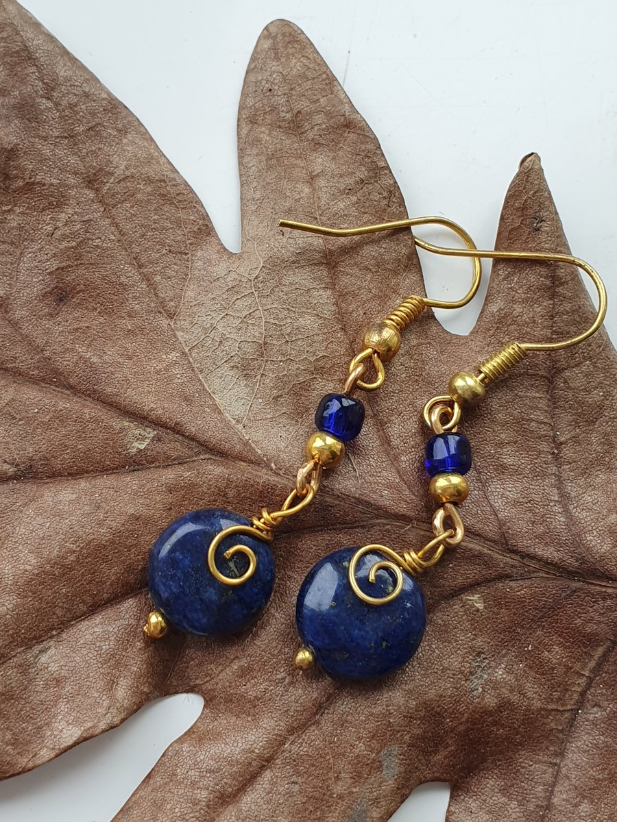 Lapis Lazuli  & Gold plated wire spiral earrings