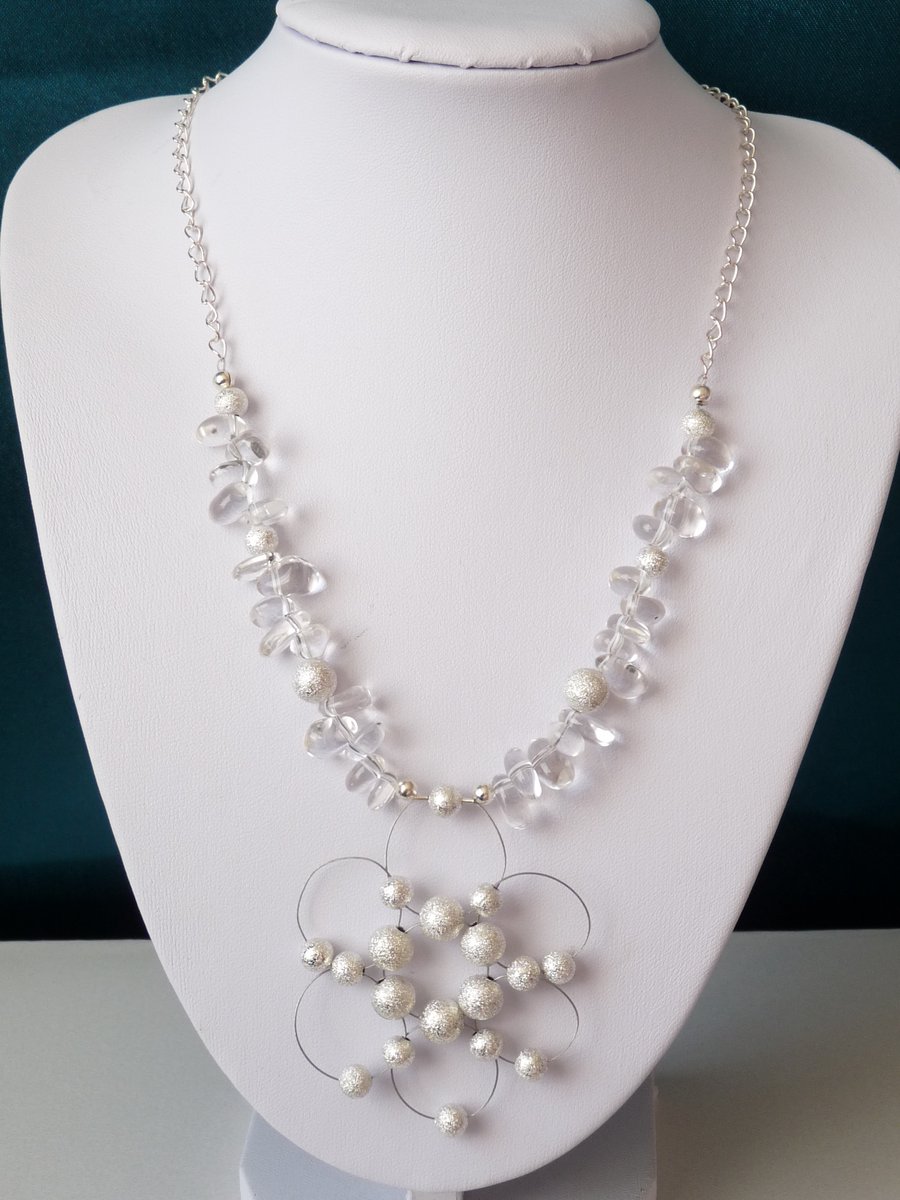 Clear Quartz Flower Pendant Necklace - Genuine Gemstone 