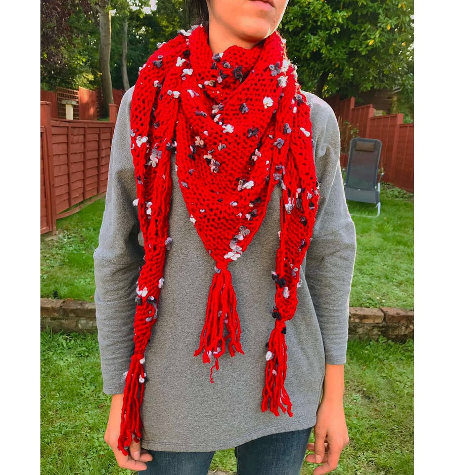 Alize hand crochet red shawl bulky yarn boho style white flowered shawl