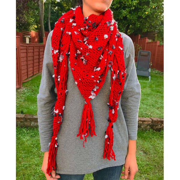 Alize hand crochet red shawl bulky yarn boho style white flowered shawl