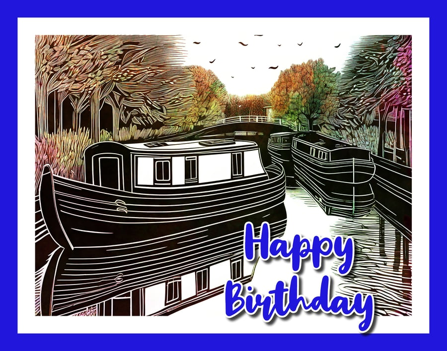 Happy Birthday Lino Print Style Canal Boat Card A5