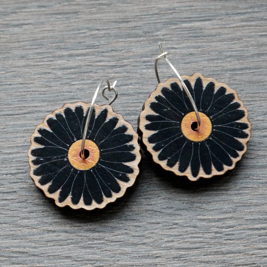 Black Daisy Charm Hoop Dangle Earrings