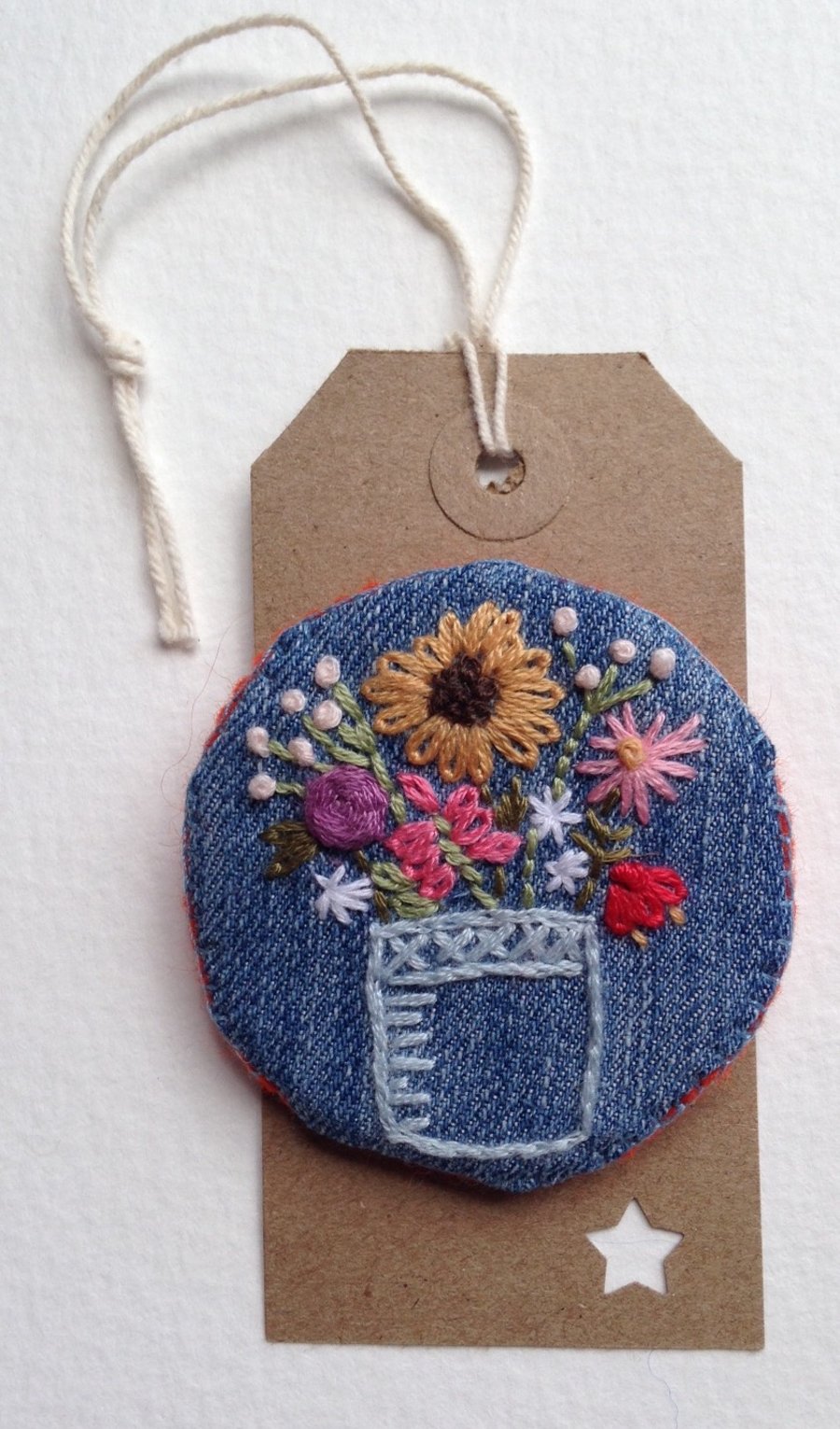 Embroidered flower denim brooch
