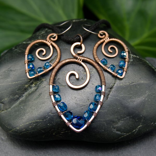 Copper Wire Wrapped Pendant & Earrings Set with Capri Blue Beads