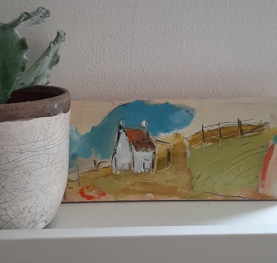 Lone cottage small painting on reclaimed wood 