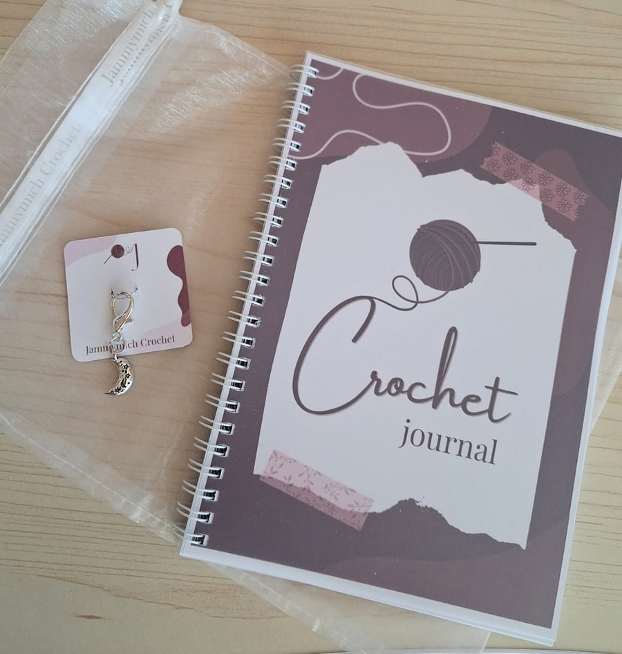 Crochet Journal Gift Set: A5 Sprial Bound Planner with Moon Charm Stitch Marker