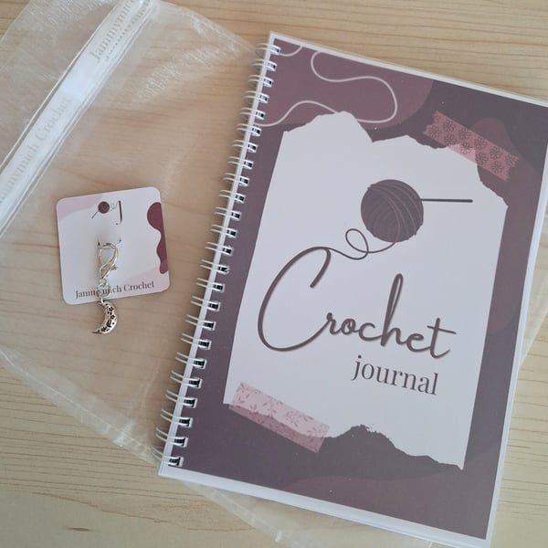 Crochet Journal Gift Set: A5 Sprial Bound Planner with Moon Charm Stitch Marker