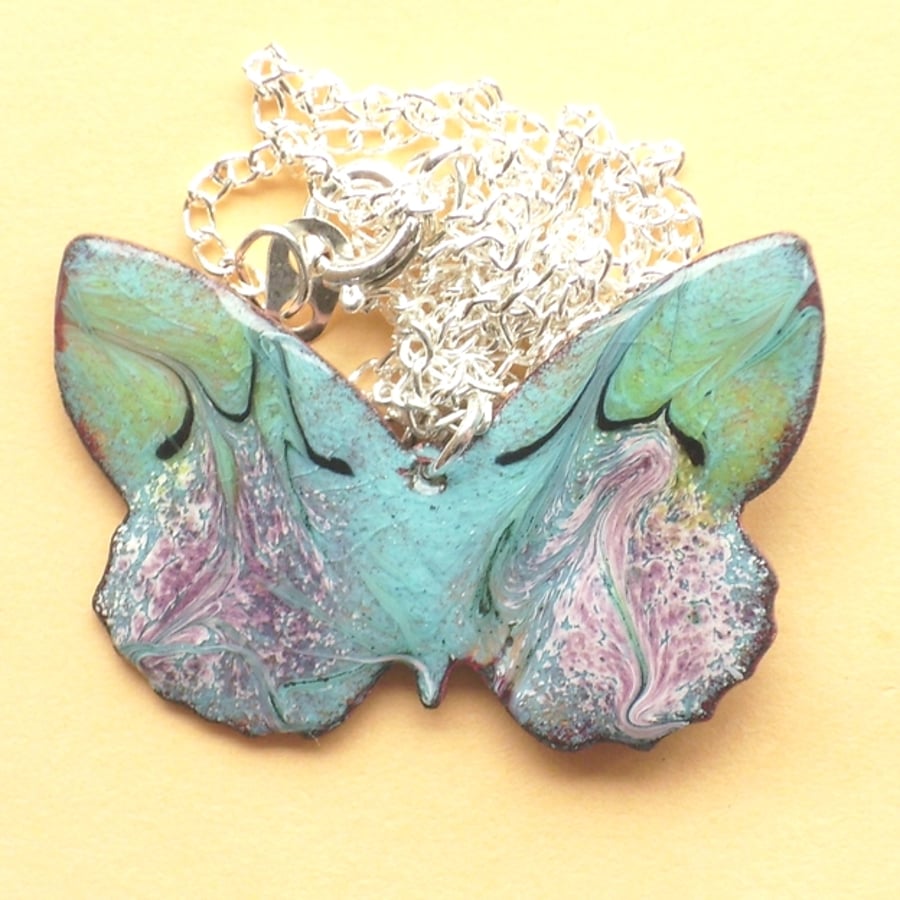 enamel pendant - scrolled white and orchid and dark blue on turquoise, butterfly
